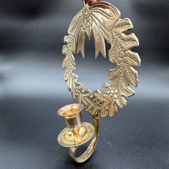 Vintage 1995 Christmas Wreath Single Solid Brass Wall Candle Holder India - Picture 2 of 9